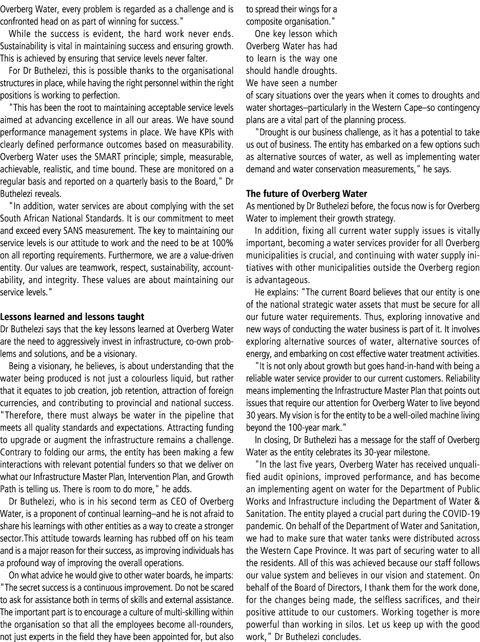 Overberg Water, every problem is regarded as a challenge and is confronted head on as part of winning for success.\“ ...