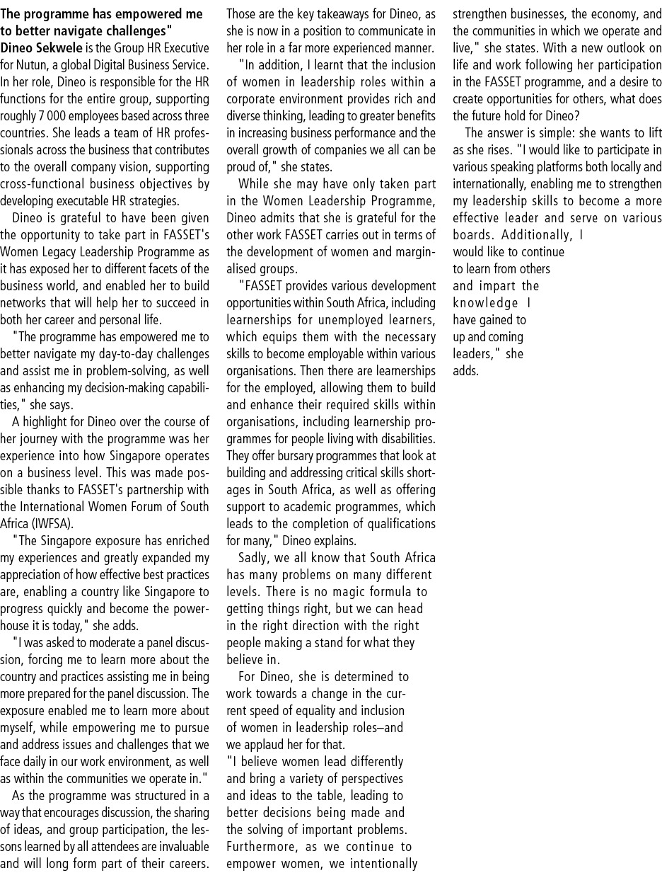  \“The programme has empowered me to better navigate challenges\" Dineo Sekwele is the Group HR Executive for Nutun, ...