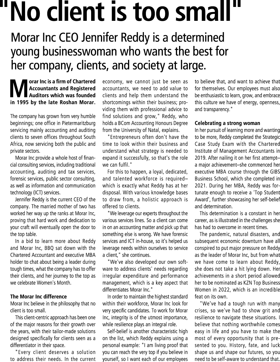  \“No client is too small\" Morar Inc CEO Jennifer Reddy is a determined young businesswoman who wants the best for h...