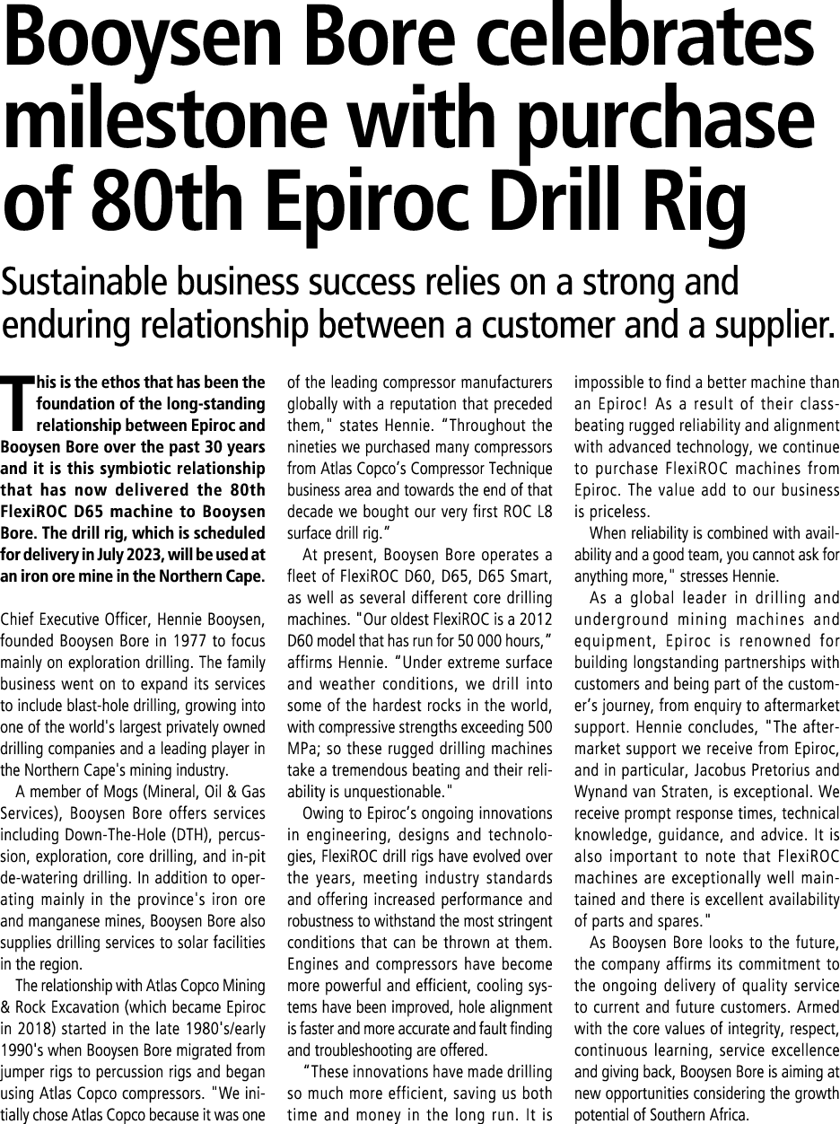 Booysen Bore celebrates milestone with purchase of 80th Epiroc Drill Rig Sustainable business success relies on a str...