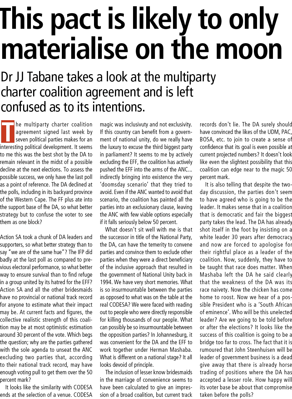 This pact is likely to only materialise on the moon Dr JJ Tabane takes a look at the multiparty charter coalition agr...