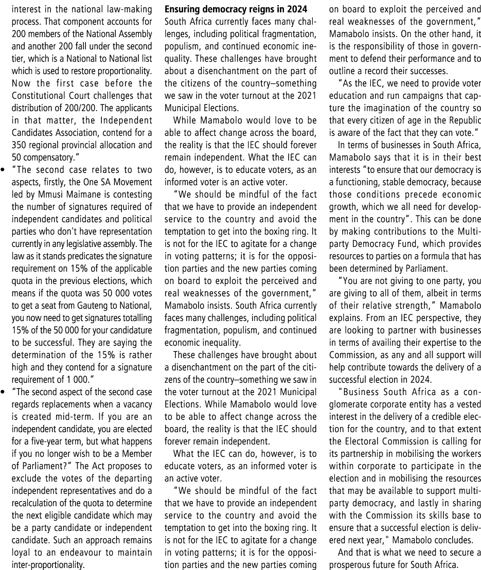 interest in the national law making process. That component accounts for 200 members of the National Assembly and ano...