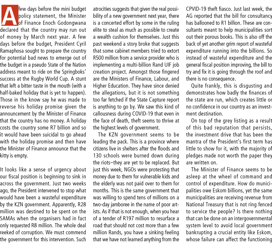 A few days before the mini budget policy statement, the Minister of Finance Enoch Godongwana declared that the countr...