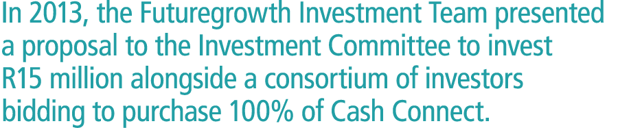 In 2013, the Futuregrowth Investment Team presented a proposal to the Investment Committee to invest R15 million alon...