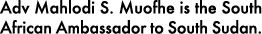 Adv Mahlodi S. Muofhe is the South African Ambassador to South Sudan.
