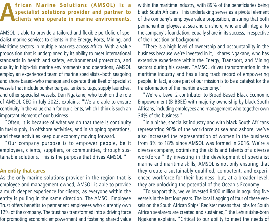 African Marine Solutions (AMSOL) is a specialist solutions provider and partner to clients who operate in marine envi...