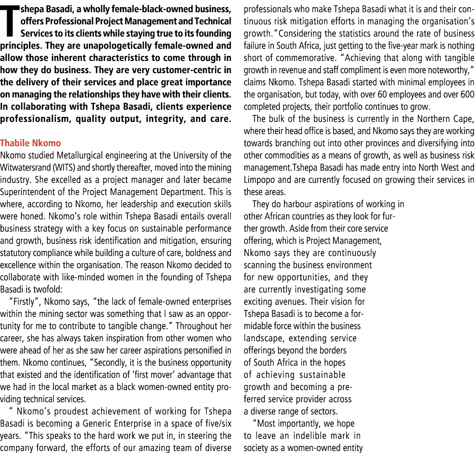 Tshepa Basadi, a wholly female-black-owned business, offers Professional Project Management and Technical Services to...