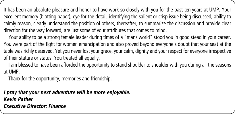 It has been an absolute pleasure and honor to have work so closely with you for the past ten years at UMP. Your excel...