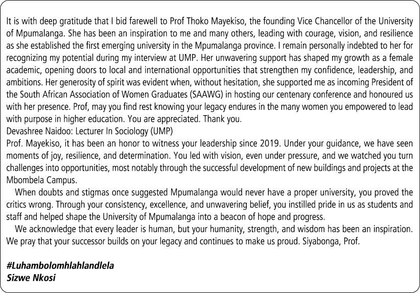 It is with deep gratitude that I bid farewell to Prof Thoko Mayekiso, the founding Vice Chancellor of the University ...