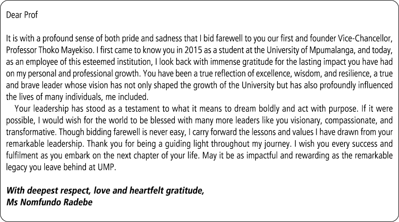 Dear Prof It is with a profound sense of both pride and sadness that I bid farewell to you our first and founder Vice...
