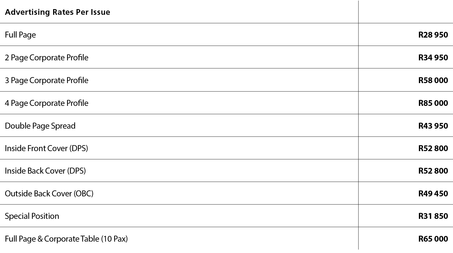 Advertising Rates Per Issue,,Full Page,R28 950,2 Page Corporate Profile,R34 950,3 Page Corporate Profile,R58 000,4 Pa...